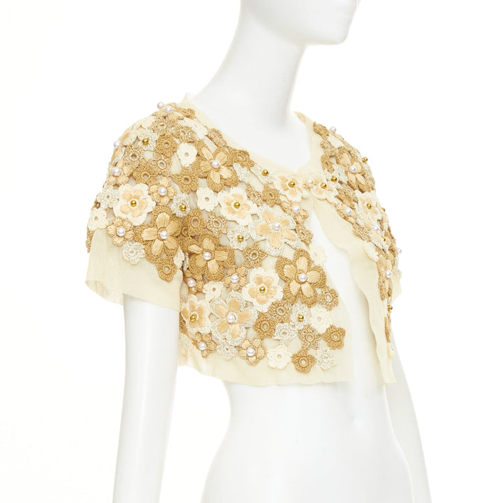 MOSCHINO Cheap Chic floral crochet faux pearl cropped bolero cardigan IT46 XL