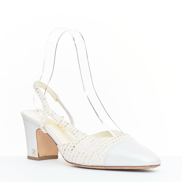 CHANEL white silver gold metallic tweed CC logo block slingback pumps EU39
