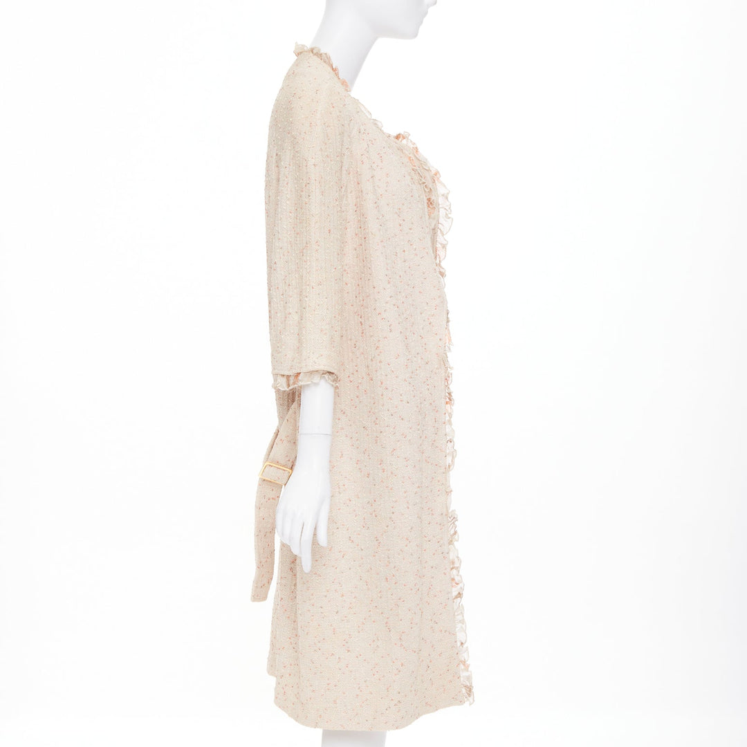 ST JOHN COUTURE cream pink flecked boucle knit ruffle trim duster coat US14 3XL