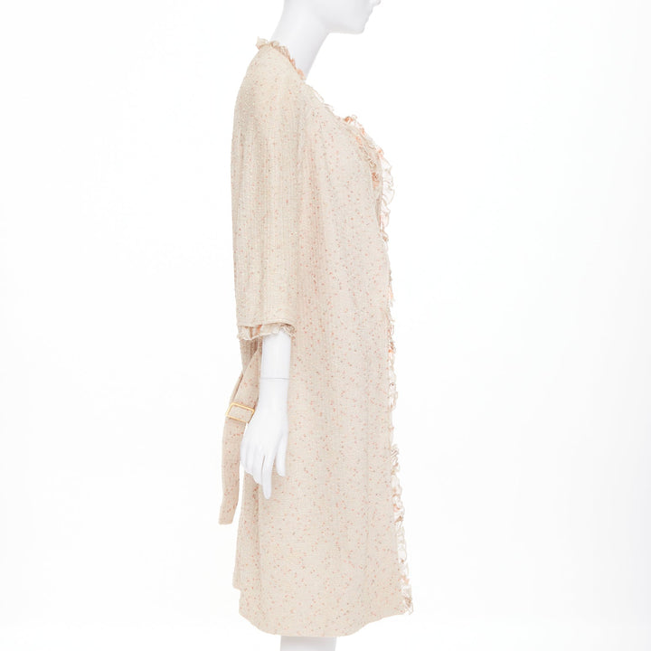 ST JOHN COUTURE cream pink flecked boucle knit ruffle trim duster coat US14 3XL