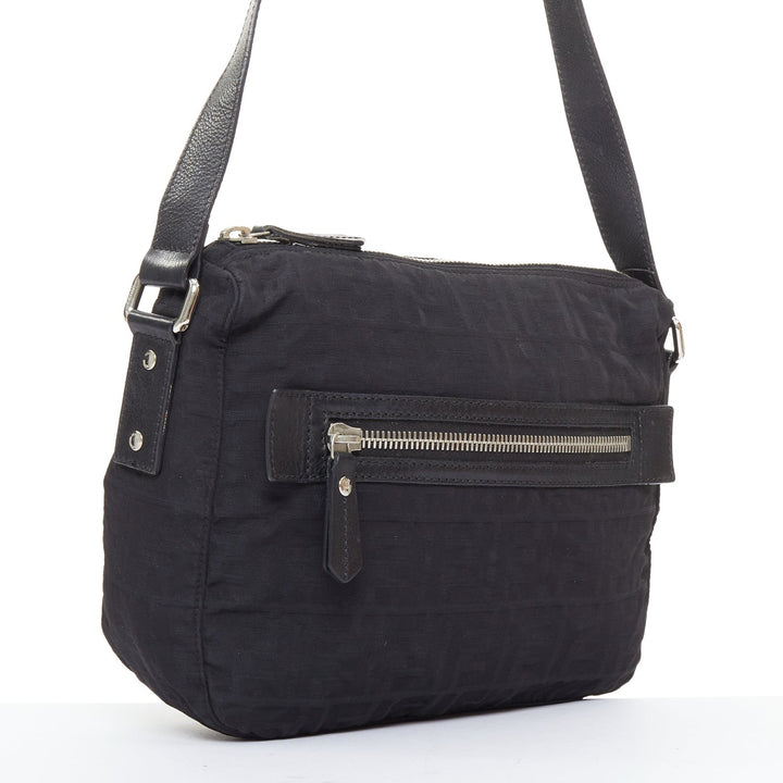 FENDI Vintage black FF Zucca monogram leather trim crossbody messenger bag