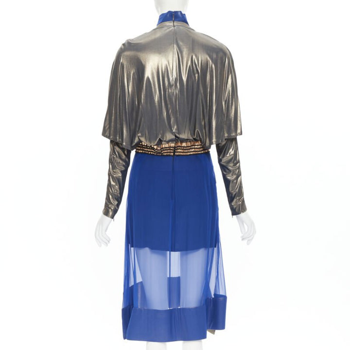 BALENCIAGA 2012 Runway blue copper futuristic bustier silk dress FR36 XS