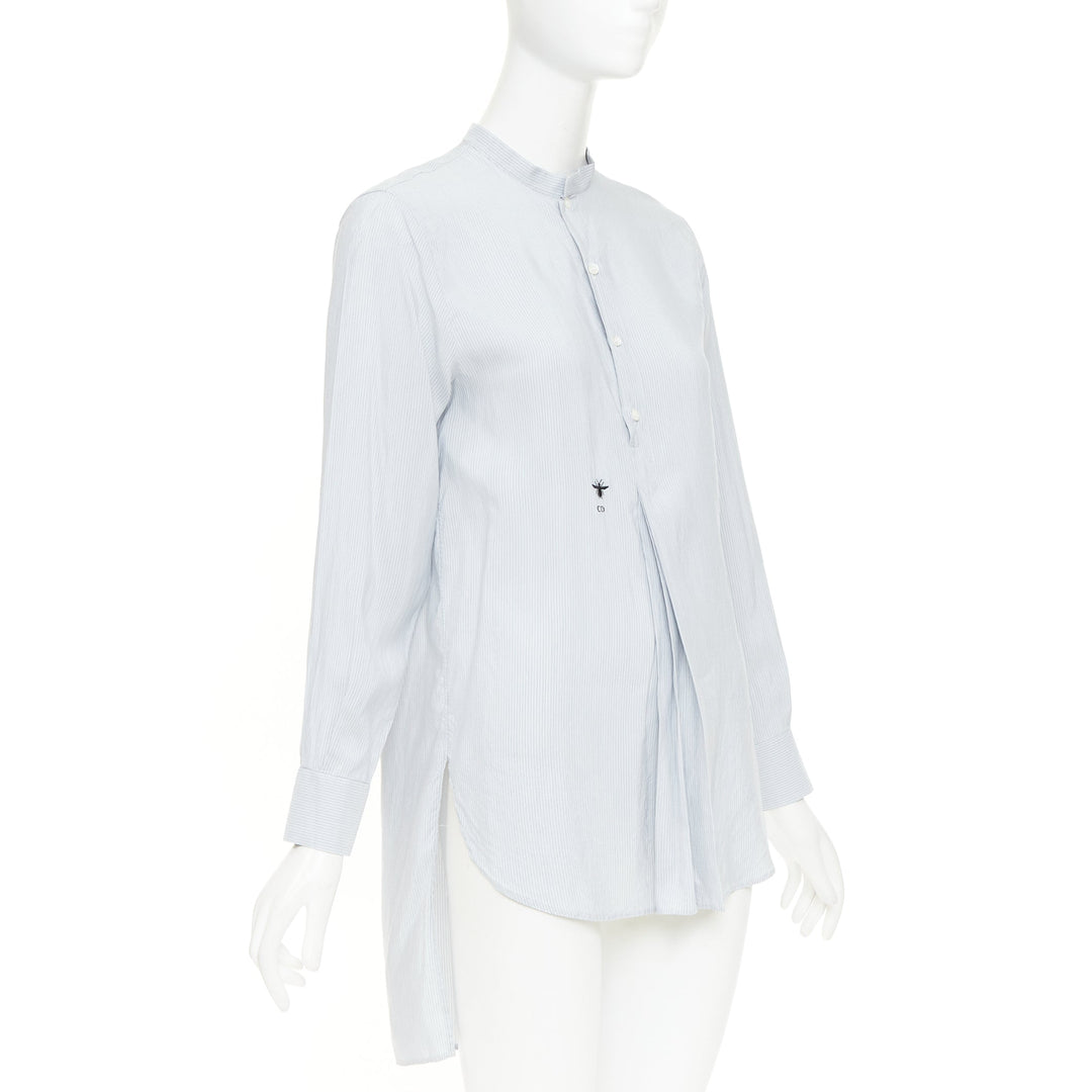 DIOR 100% silk light blue black striped bee embroidery high low shirt FR36 S