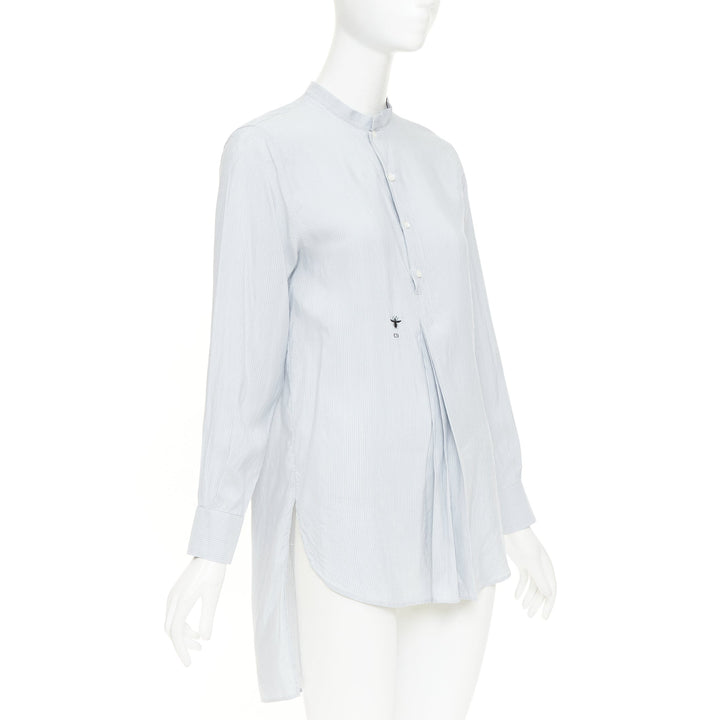 DIOR 100% silk light blue black striped bee embroidery high low shirt FR36 S