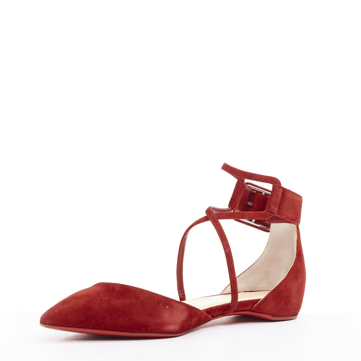 CHRISTIAN LOUBOUTIN Suzanna Flat Veau Velours Carmin red suede pointy flats EU
