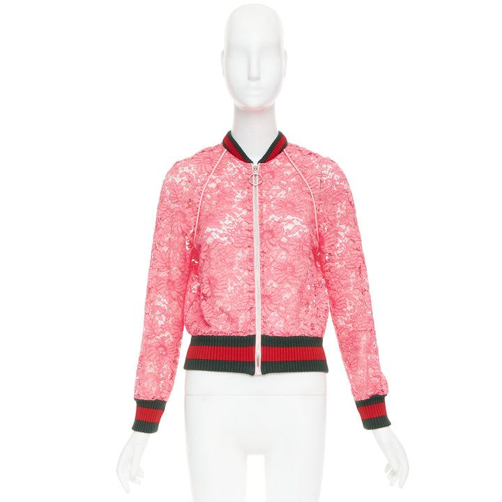 GUCCI 2015 Michele pink floral lace vintage web bomber jacket IT40 S