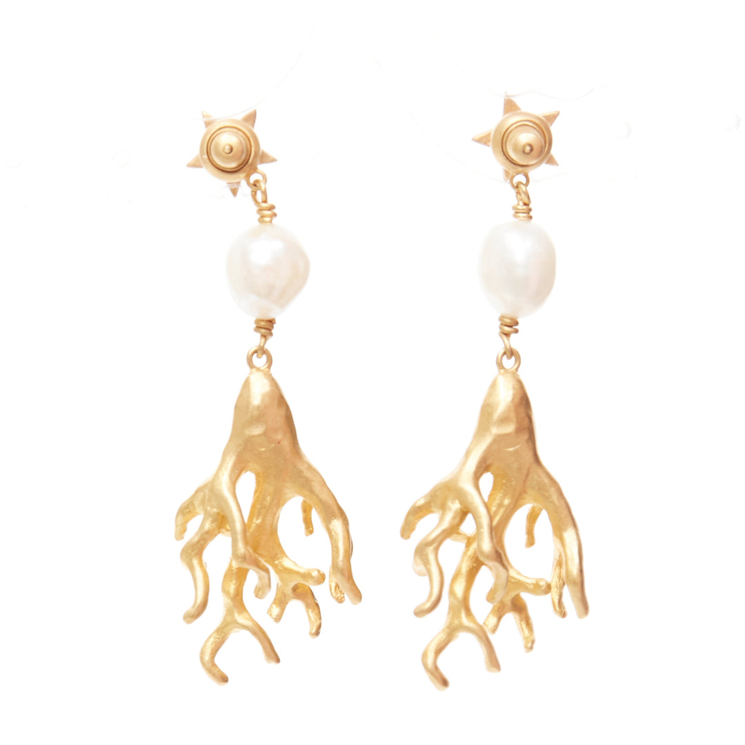 DIOR Tribales Coraile gold metal star coral faux pearl drop pin earrings Pair