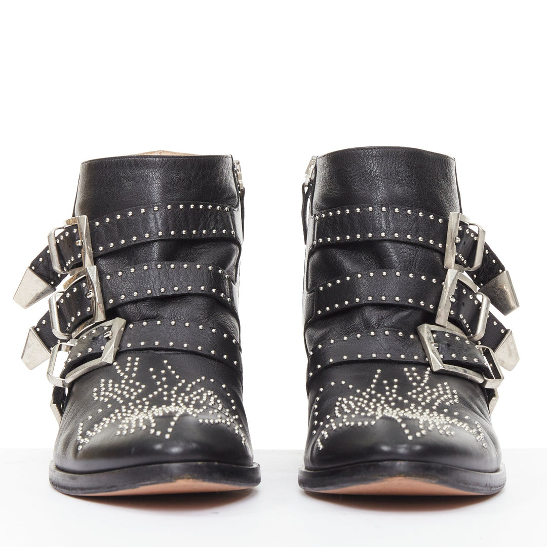 CHLOE Susanna black leather silver floral studded buckle grunge boots EU39.5