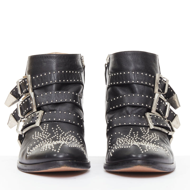 CHLOE Susanna black leather silver floral studded buckle grunge boots EU39.5