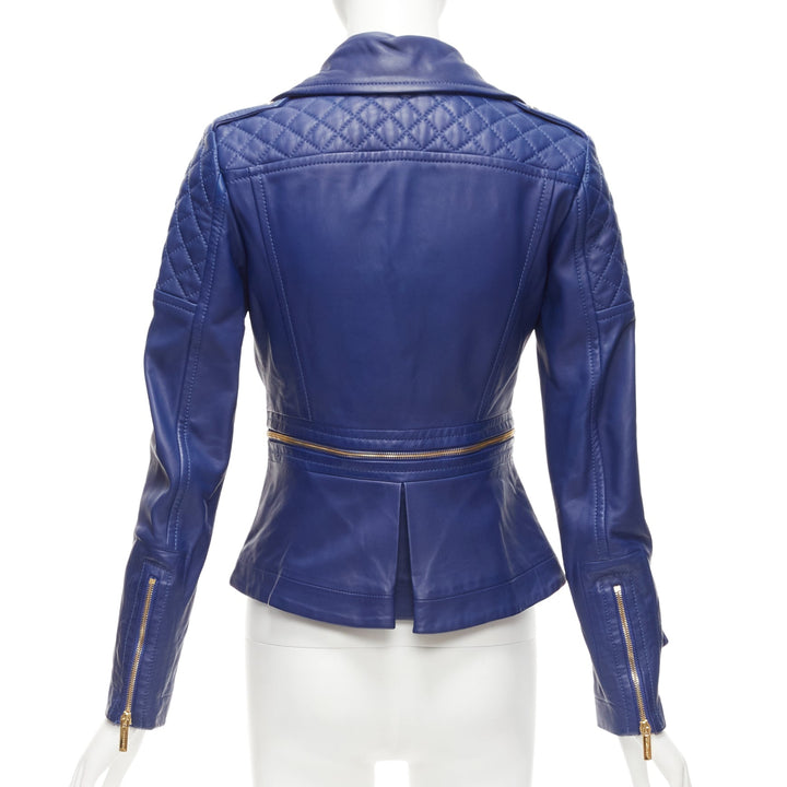 DSQUARED2 blue lambskin leather gold logo zip moto biker jacket IT40 S