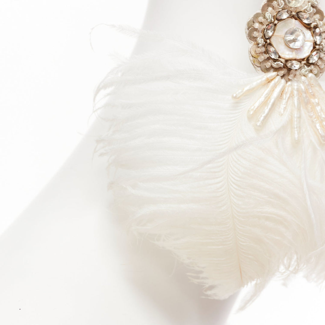RANJANA KHAN white ostrich feather crystal embellished clip on earrings Pair
