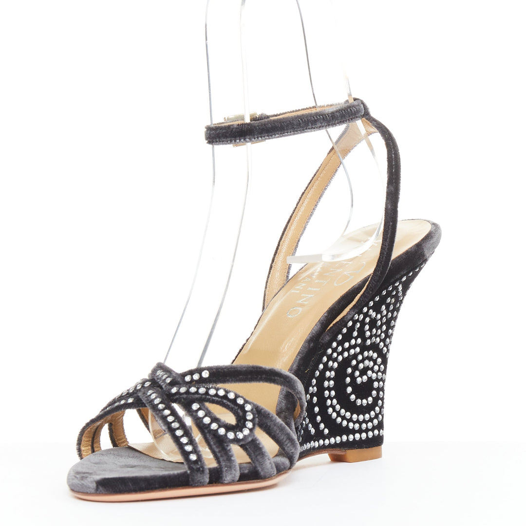 VALENTINO GARAVANI Vintage dark grey crushed velvet crystal wedge sandals EU36