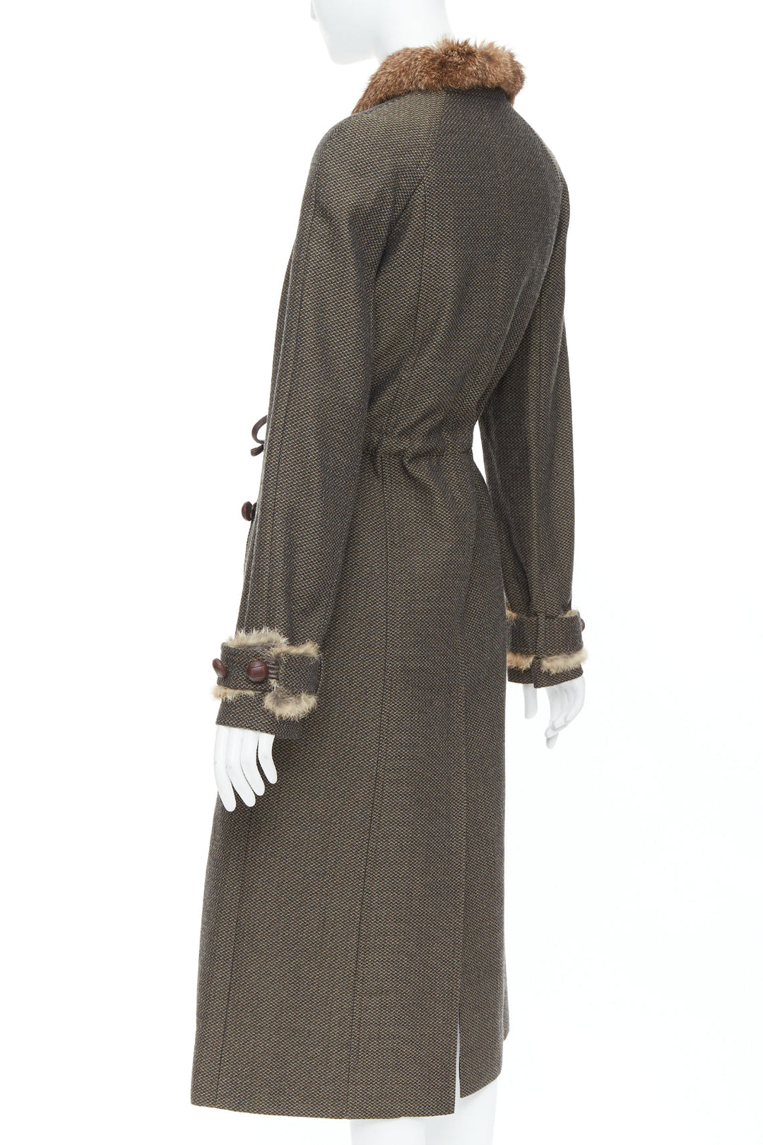 YVES SAINT LAURENT Vintage brown wool tweed fur trim maxi coat FR36 S