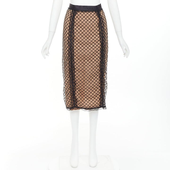 GUCCI 2022 Runway Aria black nude GG mesh lace lingerie midi skirt M