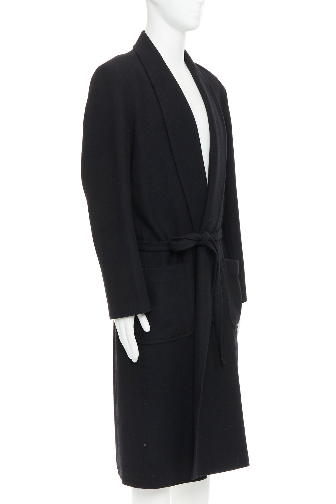 YOHJI YAMAMOTO HOMME black wool felt belted pockets lined robe coat JP2 M