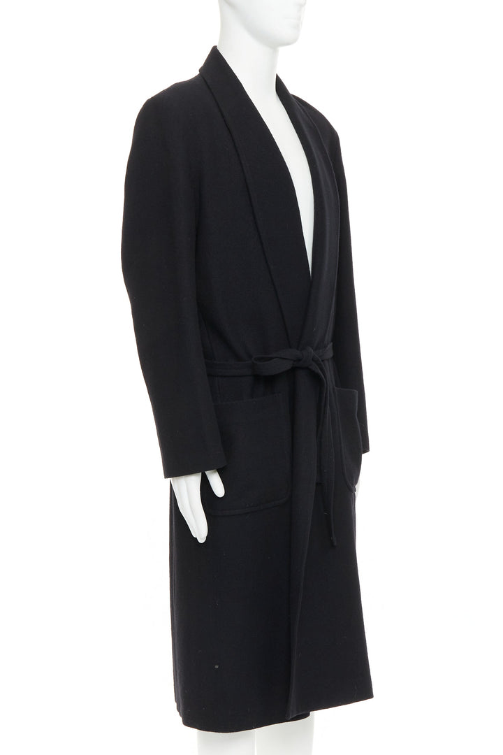 YOHJI YAMAMOTO HOMME black wool felt belted pockets lined robe coat JP2 M