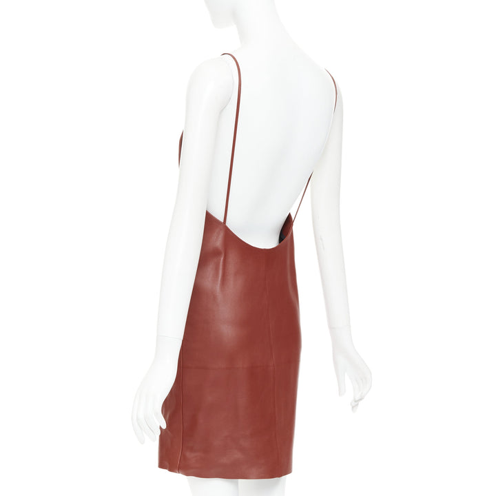SAINT LAURENT 2024 Goji burgundy lambskin plunge low cut back slip dress FR34 XS