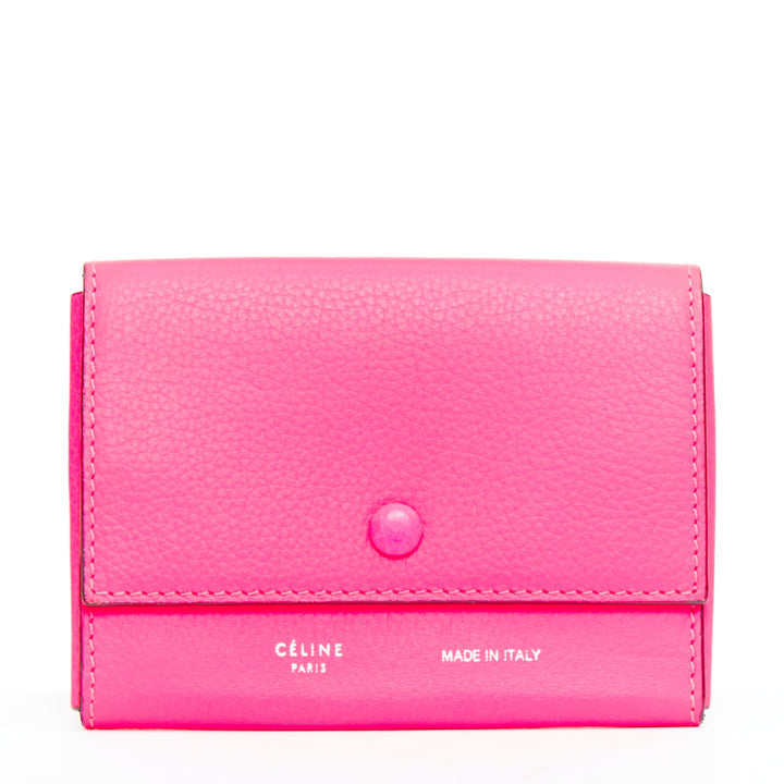 CELINE hot pink grained leather silver logo 4 fold flap wallet