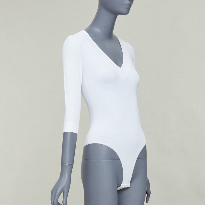 ALAIA white viscose blend V-neck 3/4 sleeves bodysuit top FR36 S
