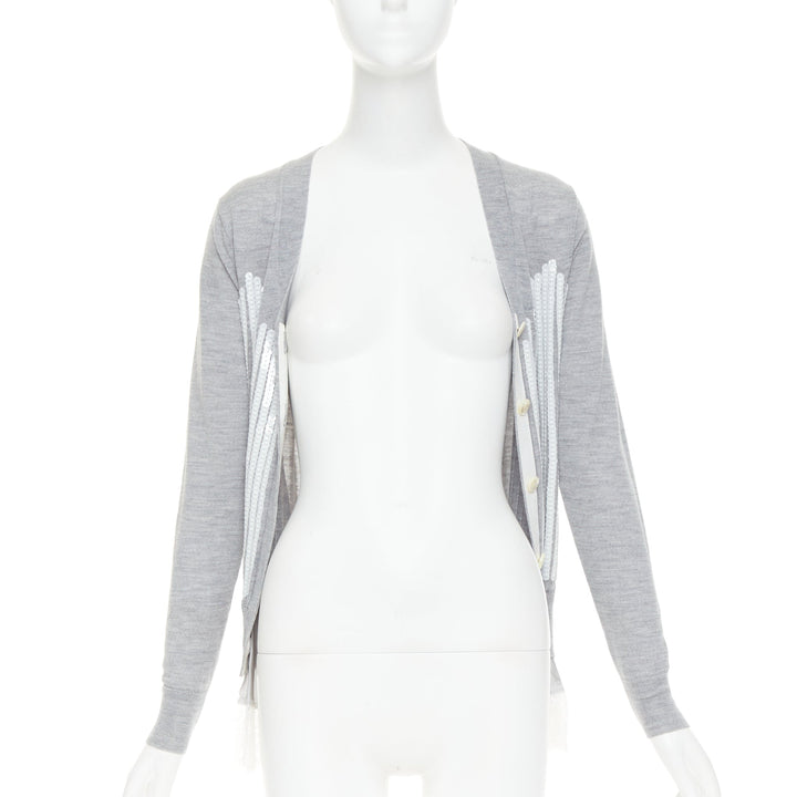 SACAI 2012 grey wool white sequin lace ruffle scallop hem cardigan JP1 S