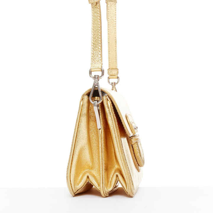 PRADA Vintage gold metallic leather silver logo flap crossbody bag