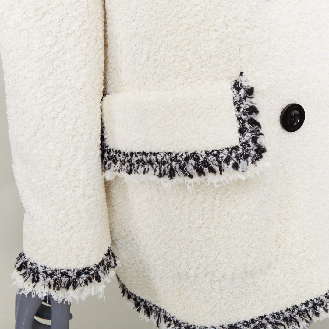 SACAI 2023 Runway double breasted tweed fringed off white winter outerwear JP1 S