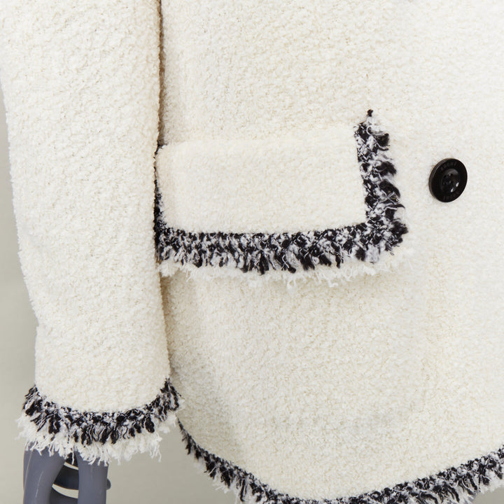 SACAI 2023 Runway double breasted tweed fringed off white winter outerwear JP1 S
