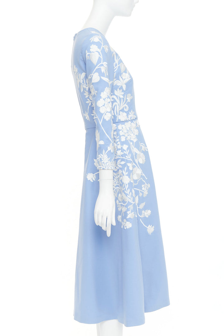 OSCAR DE LA RENTA 2019 blue white virgin wool floral embroidered dress US4 M