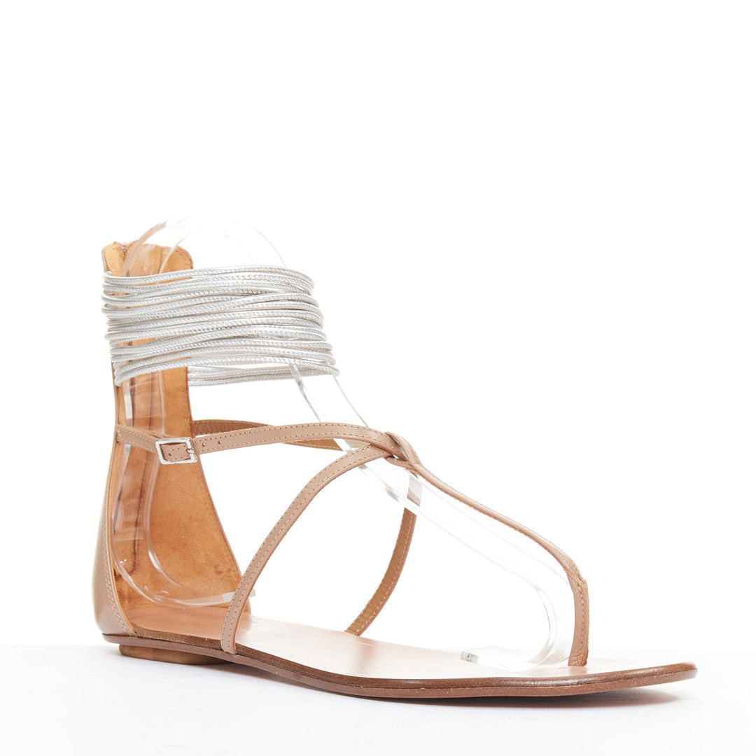 AQUAZZURA Spin Me Around silver coil nude leather gladiator flat sandals EU37.5