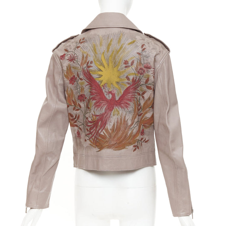 CHRISTIAN DIOR beige goat leather handpainted Phoenix zipped biker jacket FR38 M