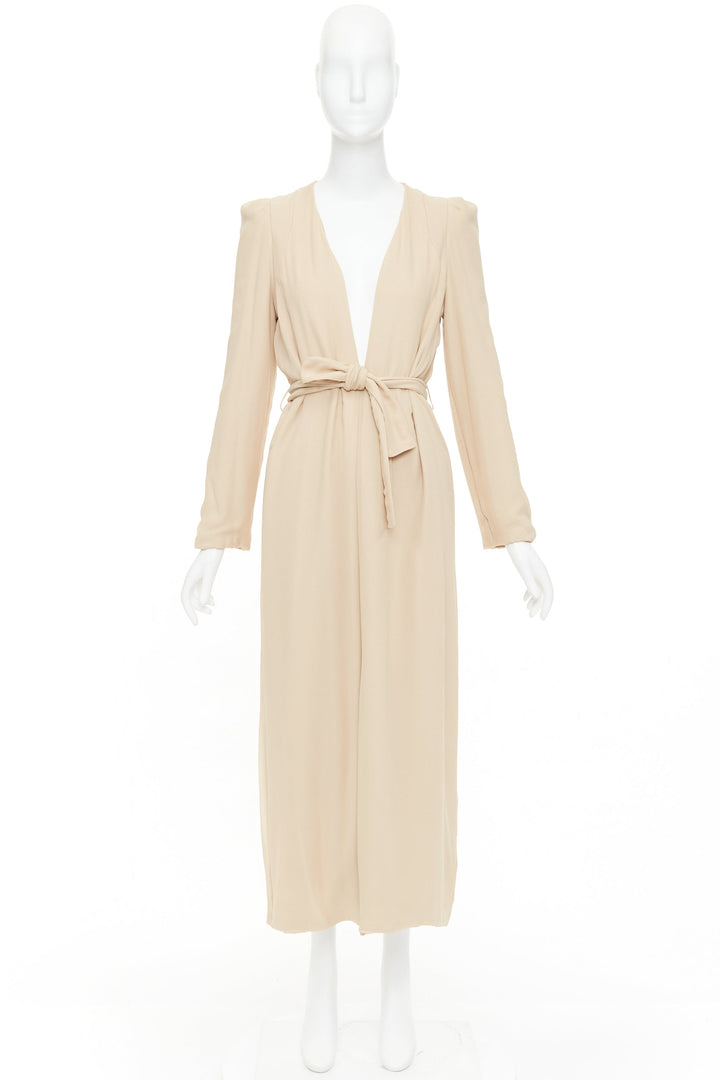 RYAN ROCHE beige double layer silk georgette V neck tie belted coat US4 S