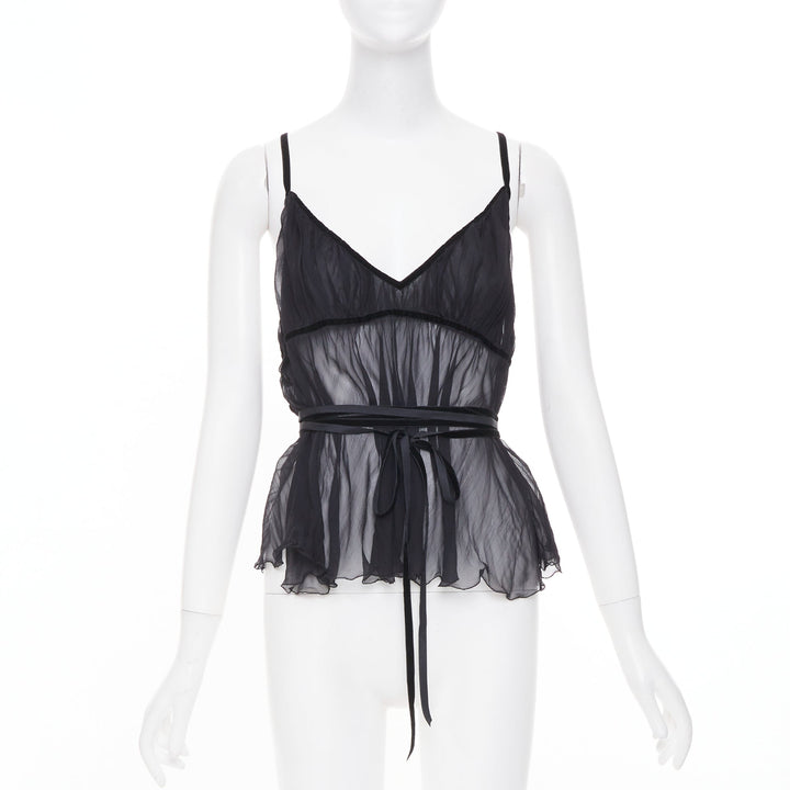 PHILOSOPHY 2014 black sheer silk georgette wrap ruffle peplum camisole IT46 XL