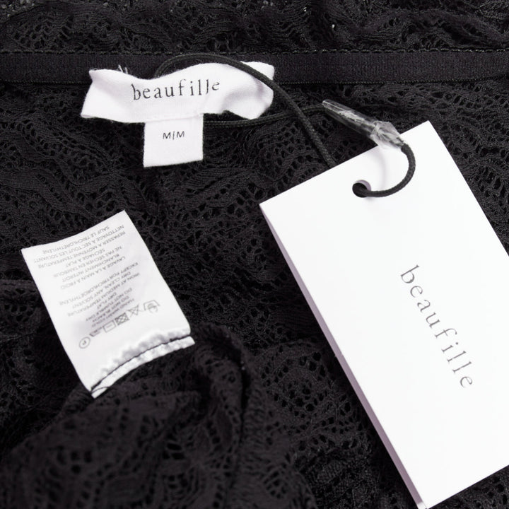 BEAUFILLE Anise black sheer stretch nylon lace knit strapless long dress M