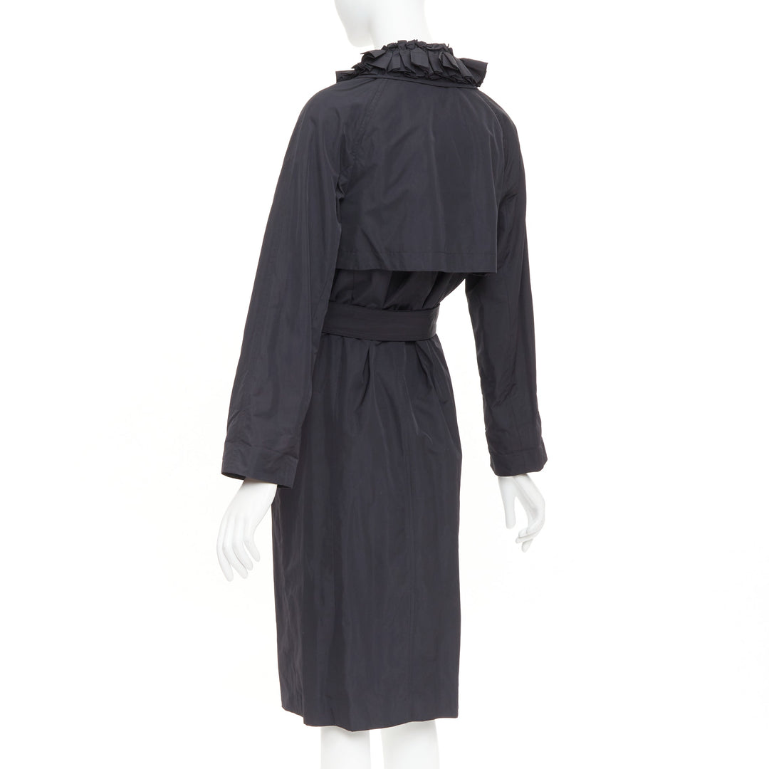 YVES SAINT LAURENT 2006 black nylon ruffle bronze button trench coat FR34 XS