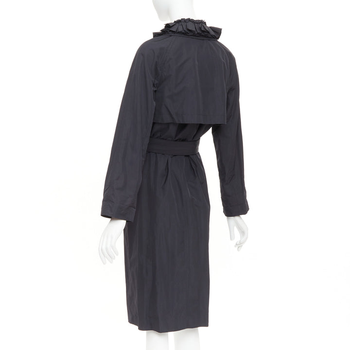 YVES SAINT LAURENT 2006 black nylon ruffle bronze button trench coat FR34 XS