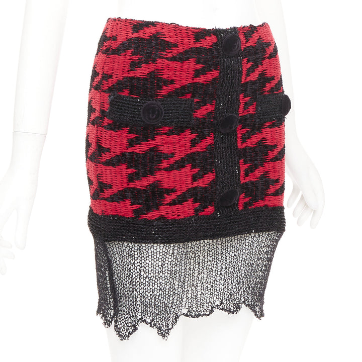 BALMAIN red black viscose blend tweed sequin trim velvet buttons skirt FR34 XS