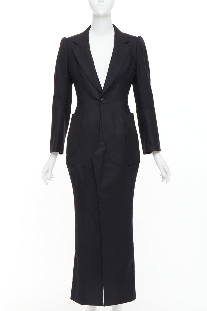 JUNYA WATANABE 2012 Runway black wool deconstruced panelled long fitted coat S