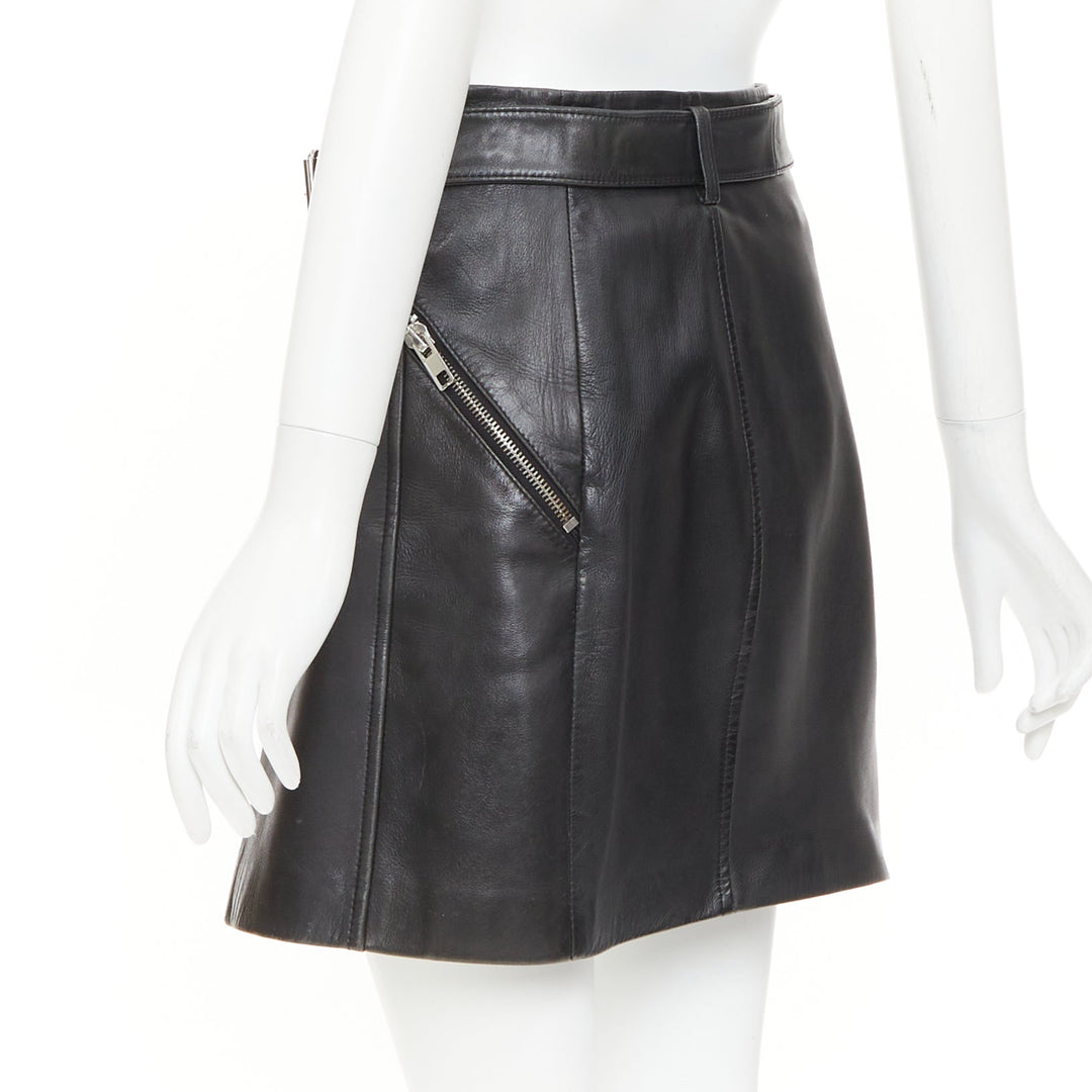 CLAUDIE PIERLOT black soft leather zip belted pocketed biker mini skirt FR36 S