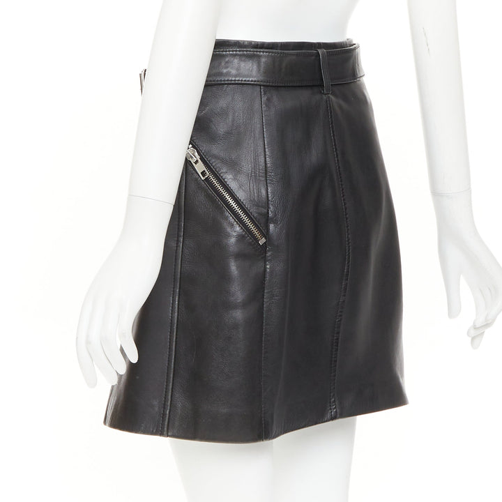CLAUDIE PIERLOT black soft leather zip belted pocketed biker mini skirt FR36 S