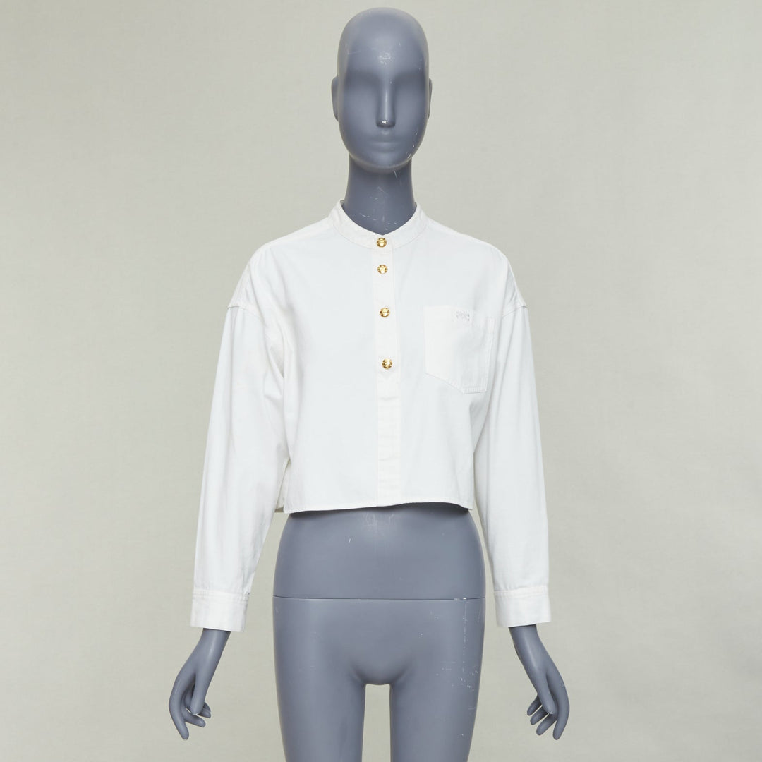 CELINE Triomphe optic white cotton anagram gold button crop popover shirt FR36 S