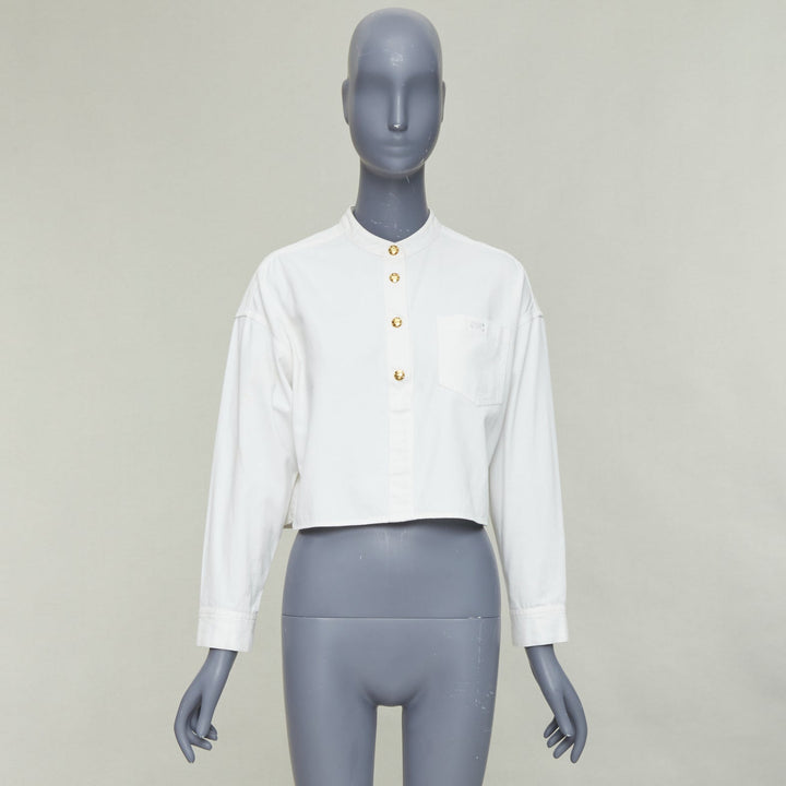 CELINE Triomphe optic white cotton anagram gold button crop popover shirt FR36 S