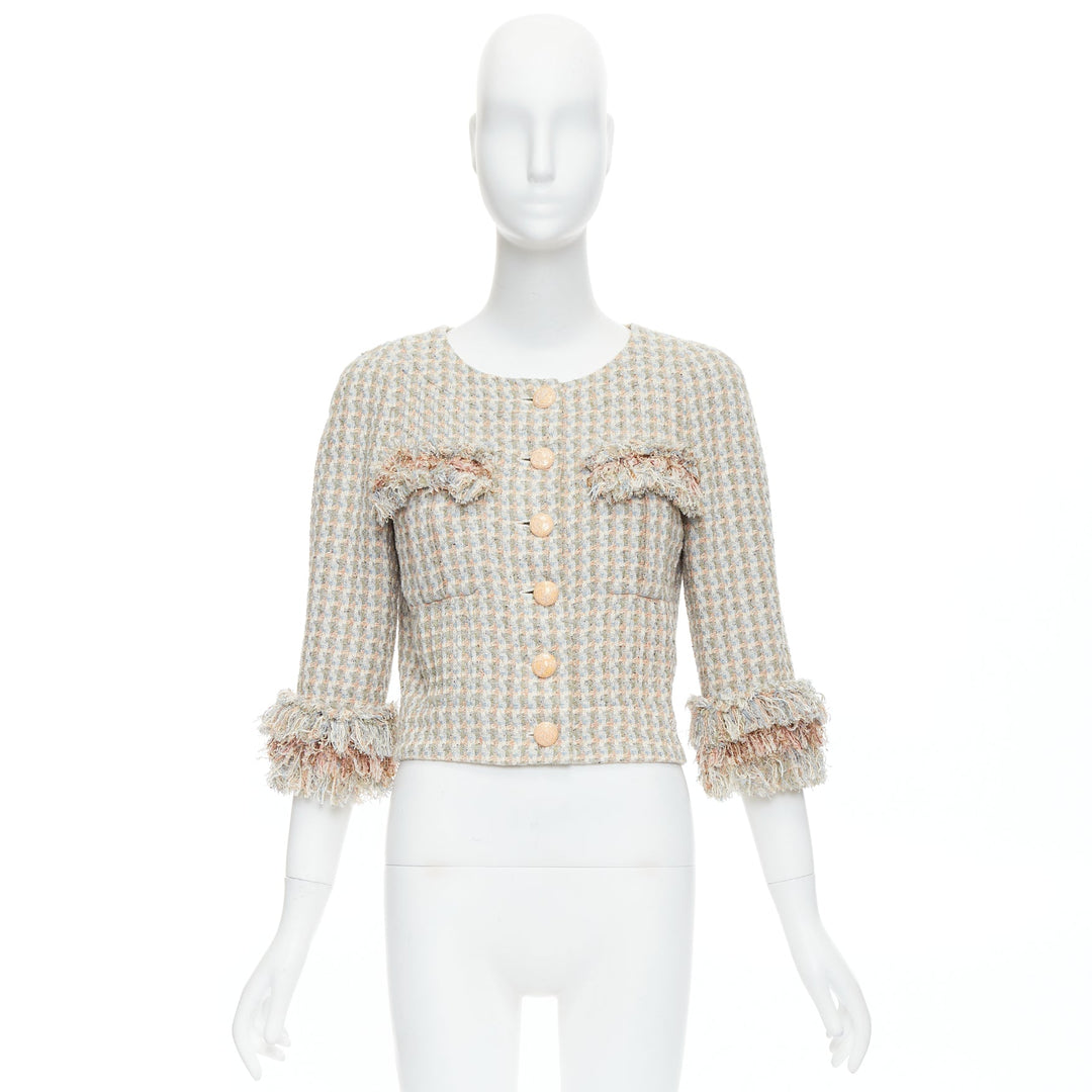 CHANEL 13C Rose Garden Lesage tweed ruffle detail cropped jacket FR38 M