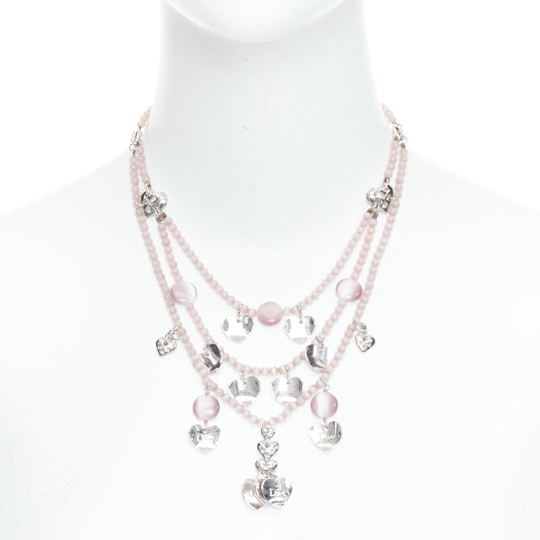 CHRISTIAN DIOR John Galliano Vintage silver pink heart logo tiered necklace