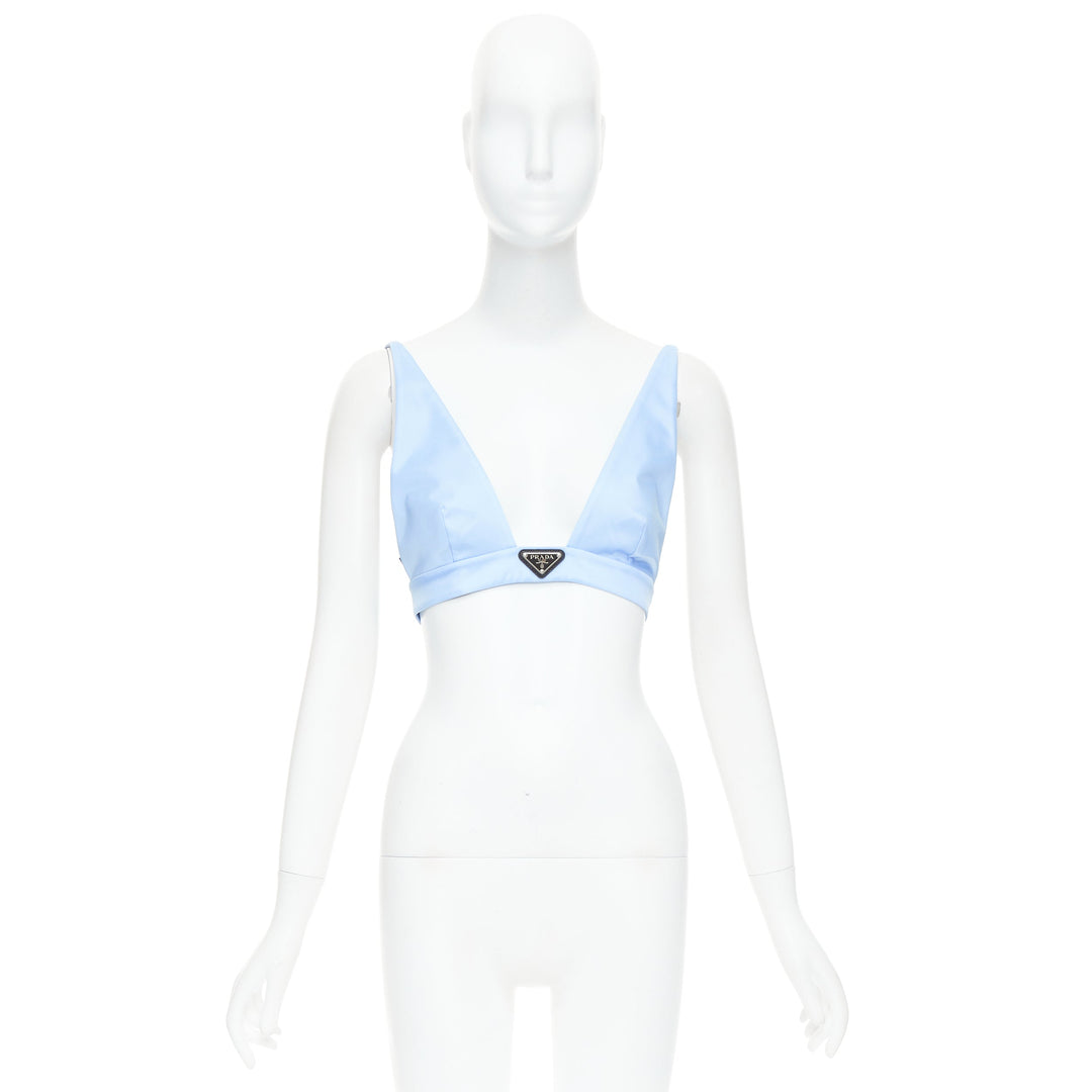 PRADA Re-Nylon light blue triangle logo plunge crop top bustier bralette IT38 XS
