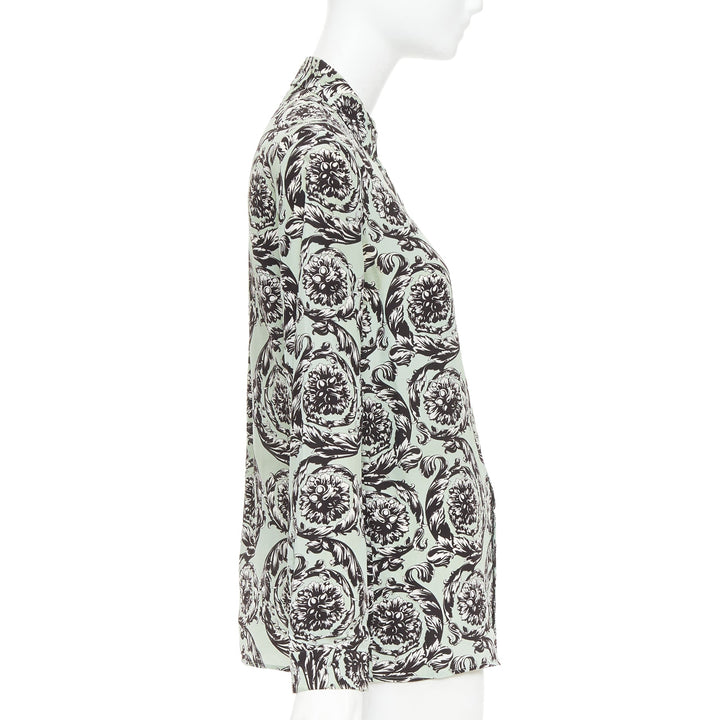 VERSACE 100% silk green black baroque floral print button up shirt IT38 XS