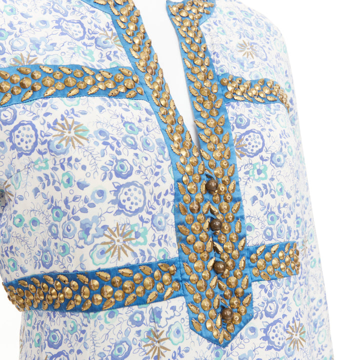 CHLOE Vintage blue cream gold studded floral harness detail open neck mini dress