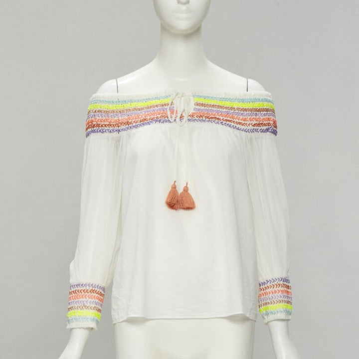 ALICE OLIVIA white cotton neon braid embroidery off shoulder top S