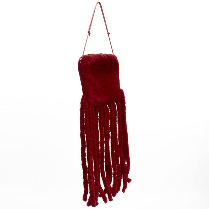 rare BOTTEGA VENETA Daniel Lee Runway red shearling fringe crossbody clutch