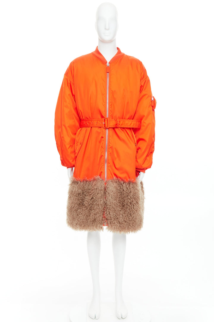 PRADA 2022 Raf Simons Runway orange faux fur hem belted bomber coat M