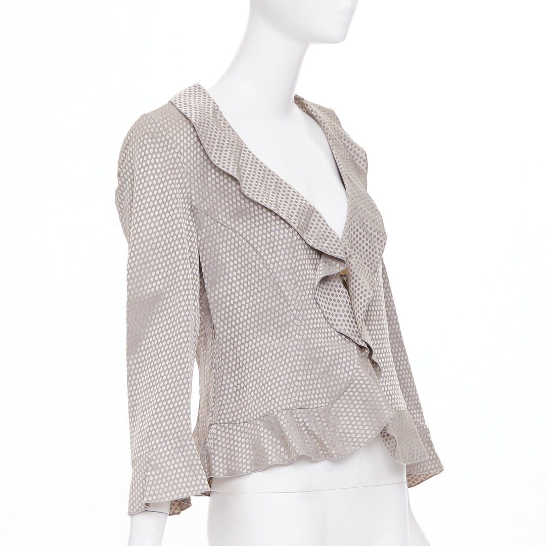 GIORGIO ARMANI grey honeycomb woven linen blend ruffle cropped jacket IT46 L